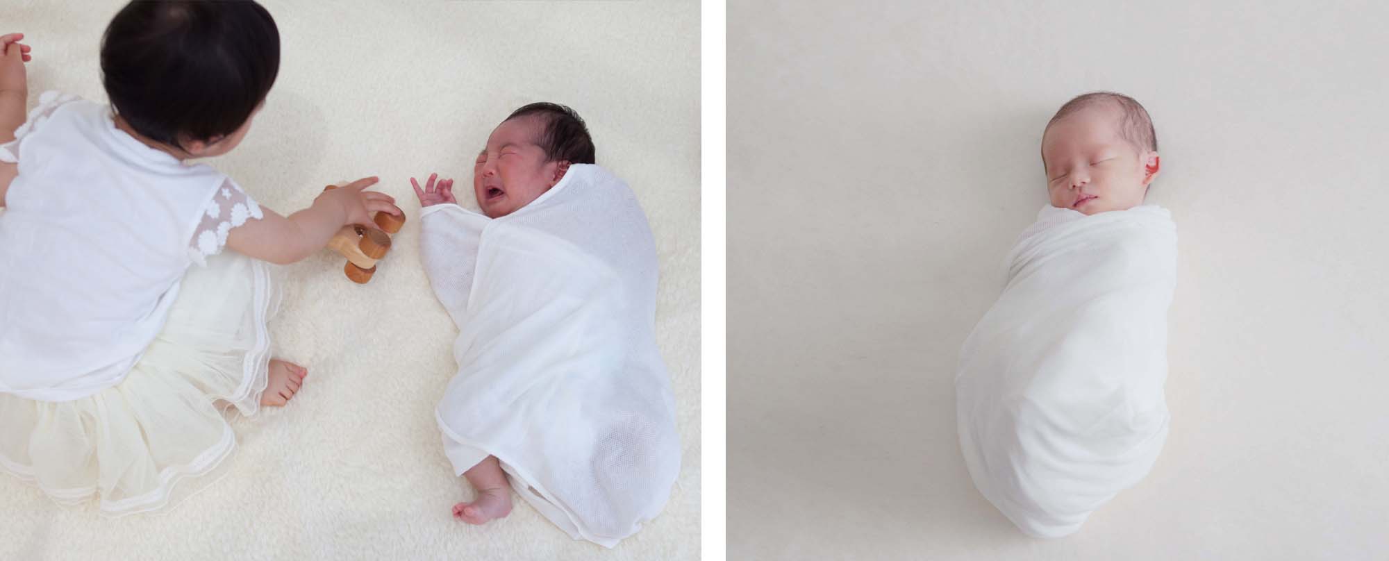 左：1ヶ月近くなると、なかなかおひな巻かれてくれません。　右：生後2週間の赤ちゃん。おひな巻きで寝てくれます。